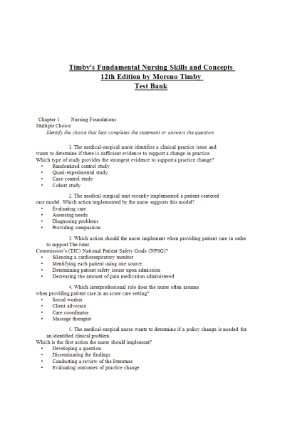 Timby's Fundamental Nursing Skills and Concepts (12th Edition) Test Bank