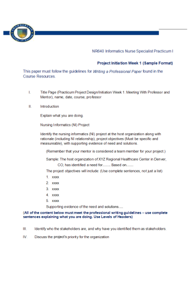 NR 640 Week 1 Project Initiation (Sample Format)