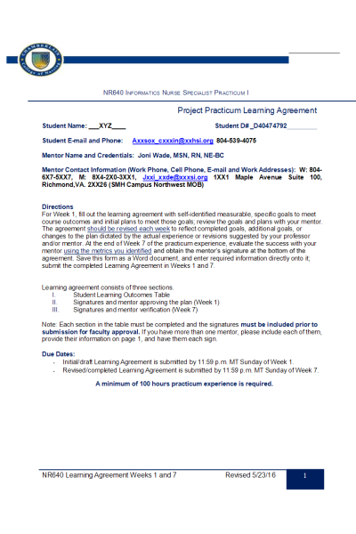 NR 640 Week 1 Project Practicum Learning Agreement
