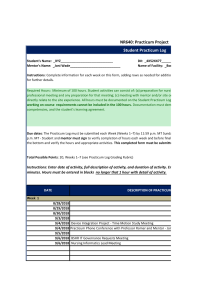 NR 640 Week 1 Student Practicum Log