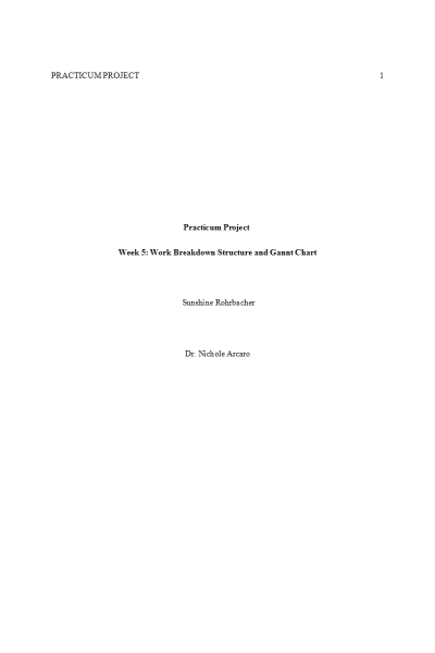 NR 640 Week 5 Practicum Project; Work Breakdown Structure and Gannt Chart