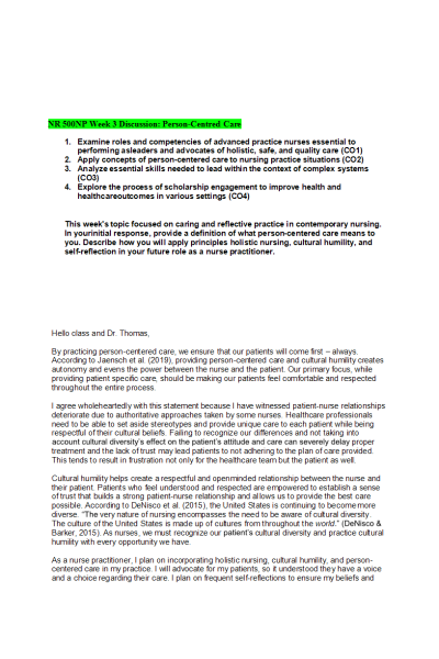 NR 500NP Week 3 Discussion; Person-Centred Care (With Replies)
