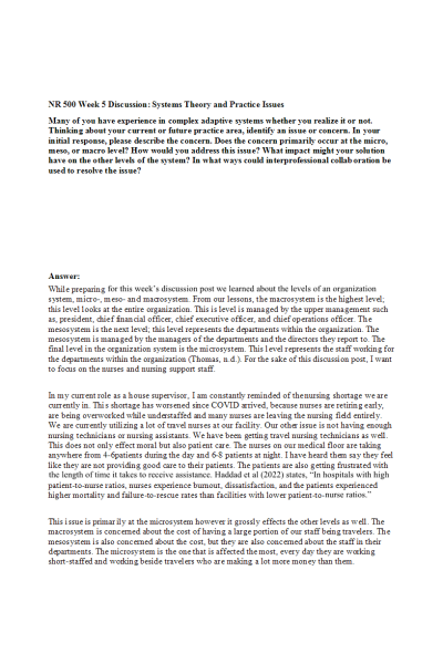 NR 500NP Week 5 Discussion; Systems Theory and Practice Issues (3 Versions)
