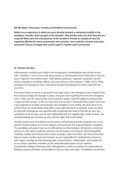 NR 500NP Week 7 Discussion; Incivility and Healthful Environments (With Replies)