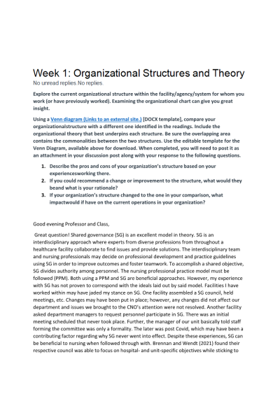 NR 531 Week 1 Discussion Topic; Organizational Structures and Theory