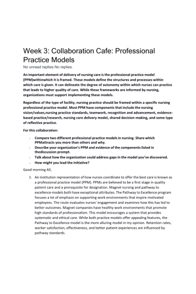 NR 531 Week 3 Collaboration Cafe; Professional Practice Models