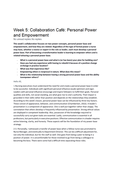 NR 531 Week 5 Collaboration Café; Personal Powerand Empowerment
