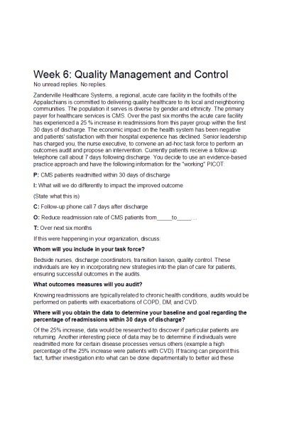 NR 531 Week 6 Discussion Topic; Quality Management and Control