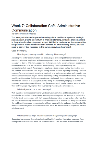 NR 531 Week 7 Collaboration Café; Administrative Communication