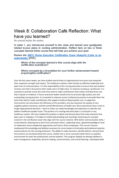 NR 531 Week 8 Collaboration Café; Reflection; What have you learned