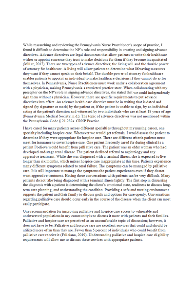 NR 601 Week 7 Discussion Board; Pennsylvania Nurse Practitioner’s Scope of Practice