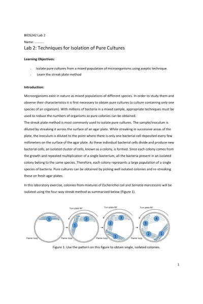 BIOS 242 Week 1 Lab 2; Isolation of Pure Cultures