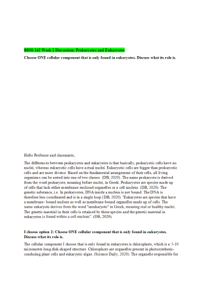 BIOS 242 Week 2 Discussion; Prokaryotes and Eukaryotes