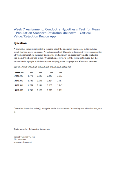 MATH 399N Week 7 Knewton Homework Assignment; Conduct a Hypothesis Test for Mean - Population Standard Deviation Unknown - Critical Value-Rejection Region Approach (Section 9.5)