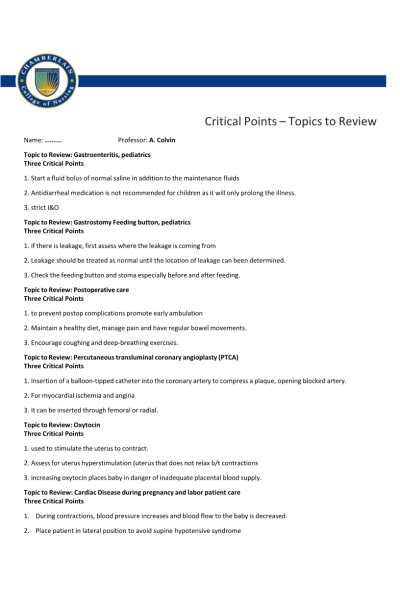 NR 446 Week 3 Critical Points - Topics to Review