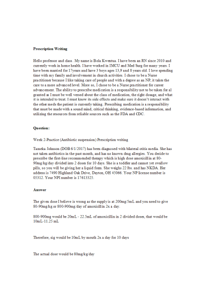 NR 565 Week 1 Assignment; Prescription Writing