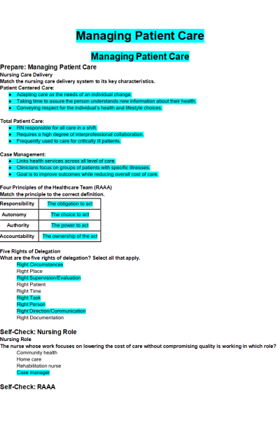NR 226 Week 2 Concepts; Managing Patient Care