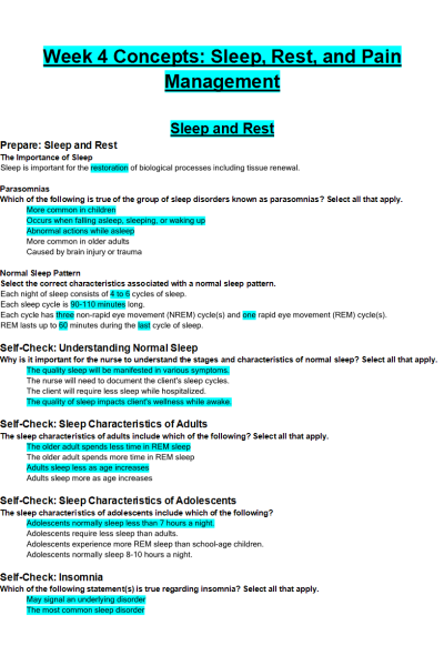 NR 226 Week 4 Concepts; Sleep, Rest, and Pain Management