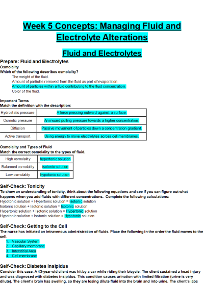 NR 226 Week 5 Concepts; Managing Fluid and Electrolyte Alterations