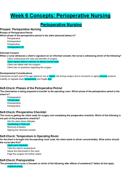 NR 226 Week 6 Concepts; Perioperative Nursing