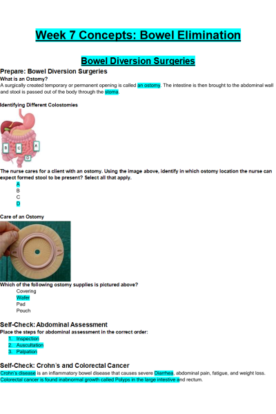 NR 226 Week 7 Concepts; Bowel Elimination