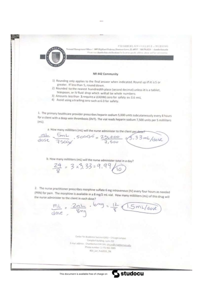 NR 442 Week 1 Medication Calculation Practice Exam