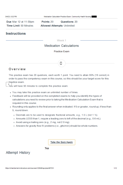 NR 449 Week 1 Medication Calculation Practice Exam