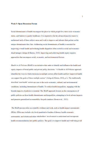 NR 503 Week 5 Open Discussion Forum; Social Determinants of Health