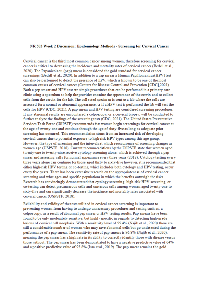 NR 503 Week 2 Discussion Board; Epidemiology Methods - Screening for Cervical Cancer