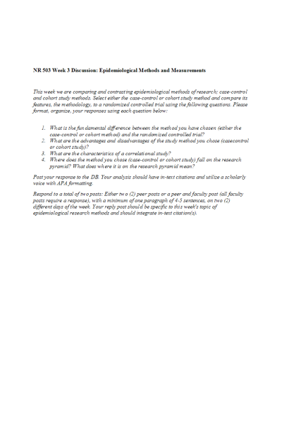 NR 503 Week 3 Discussion Board; Epidemiological Methods and Measurements