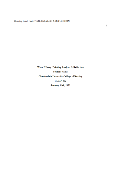 HUMN 303N Week 2 Assignment; Essay Painting Analysis & Reflection