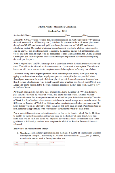 NR 452 Practice Medication Calculation