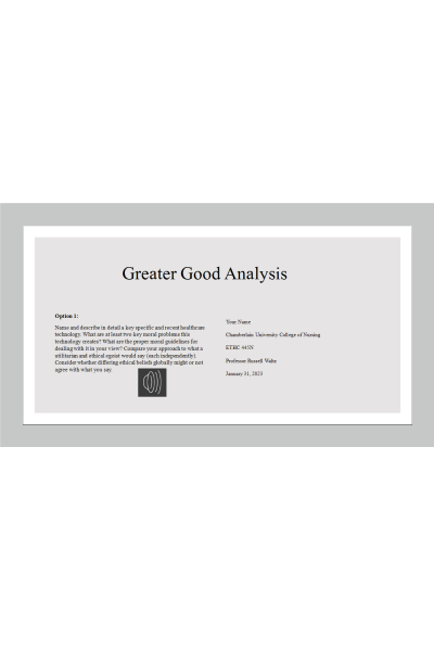 ETHC 445N Week 4 Assignment; Greater Good Analysis - Recent Healthcare Technology Artificial Intelligence (AI); Option One
