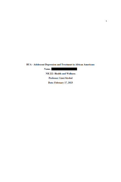 NR 222 Week 5 RUA; Health Promotion Project - Adolescent Depression and Treatment in African Americans