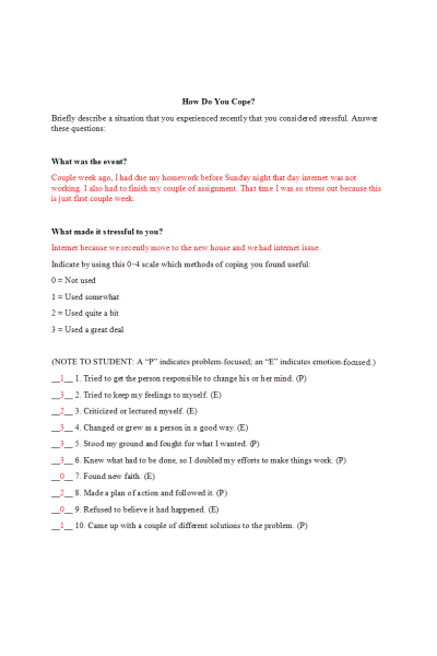 PSYC 110N Week 6 Assignment; Handout - How Do You Cope