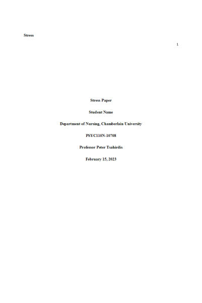 PSYC 110N Week 6 Assignment; Managing Your Stress