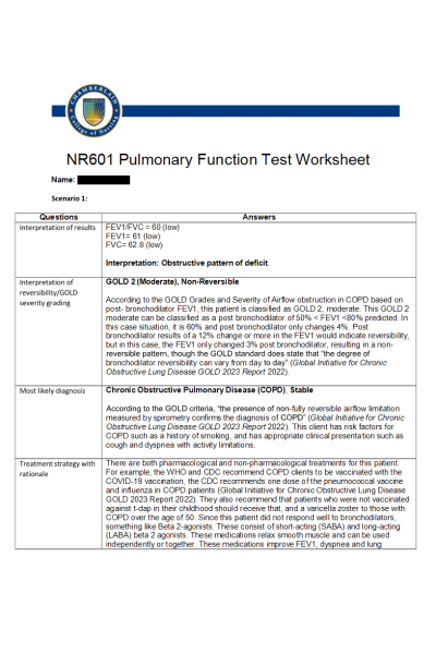 NR 601 Week 2 Pulmonary Function Test Worksheet
