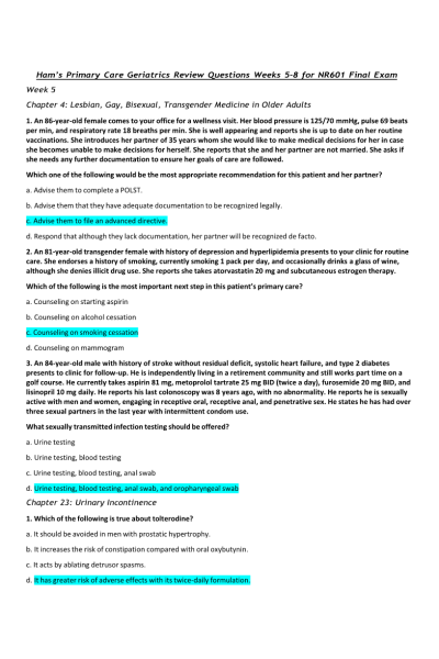 NR 601 Week 8 Final Exam Review Questions Weeks 5-8 from Ham's Primary Care Geriatrics