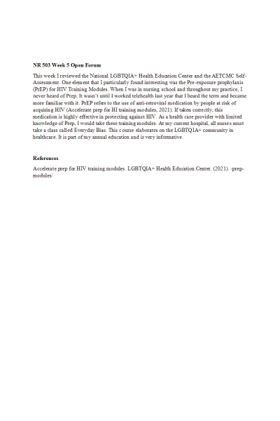 NR 503 Week 6 Open Forum; National LGBTQIA+ Health Education Center and the AETCMC Self-Assessment