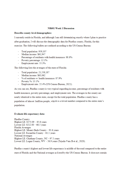 NR 601 Week 1 Discussion; Demographic data for Pinellas County, Florida