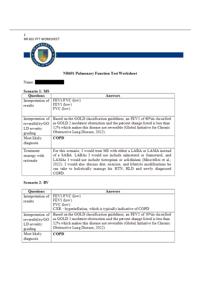 NR 601 Week 2 Assignment; Pulmonary Function Test Worksheet