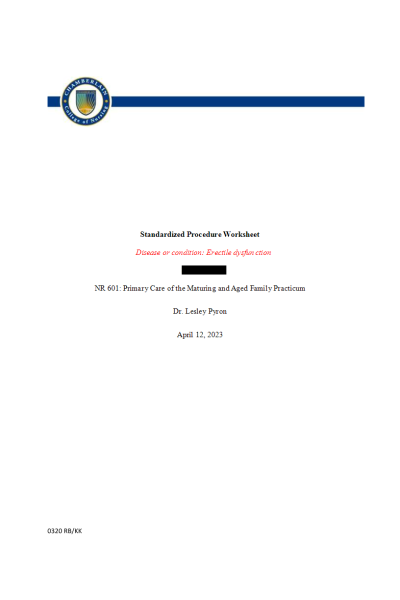 NR 601 Week 5 Standardized Procedure Worksheet - Erectile Dysfunction