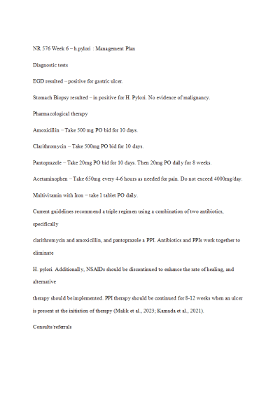 NR 576 Week 6 Assignment; h.pylori