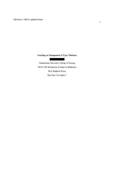 NR 361 Week 2 Course Project Milestone 1 - Teaching on Management of Type 2 Diabetes