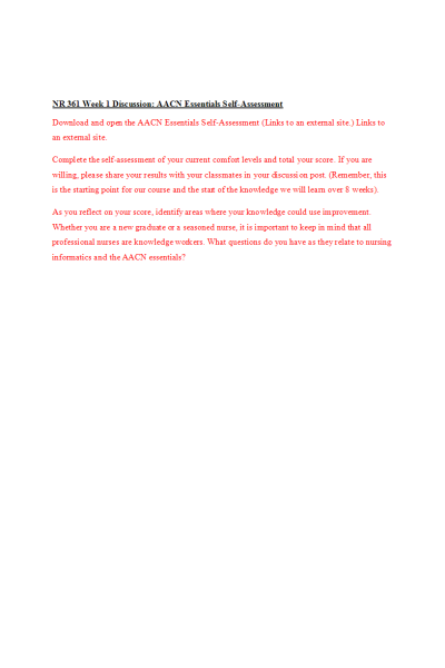 NR 361 Week 1 Discussion; AACN Essentials Self-Assessment (2 Versions)