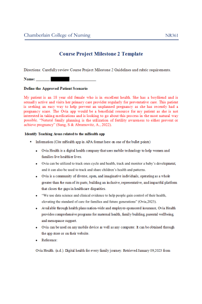 NR 361 Week 4 Course Project Milestone 2; Family Planning - Patient Scenario; My patient is an 18 year old female