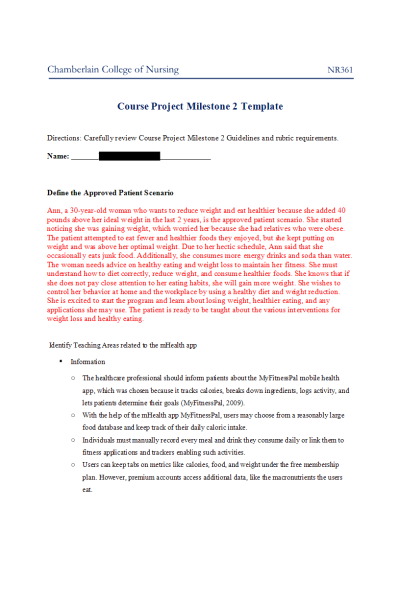 NR 361 Week 4 Course Project Milestone 2; Nutrition and Healthy Eating - Patient Scenario; Ann, a 30-year-old woman