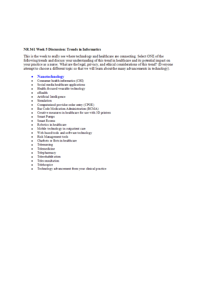 NR 361 Week 5 Discussion; Trends in Informatics - Nanotechnology