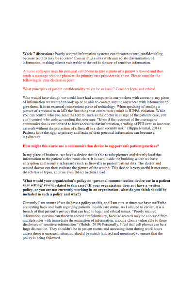 NR 361 Week 7 Discussion; Use of Personal Communication Devices in Patient Care Settings (3 Versions)