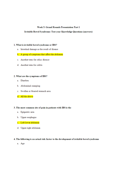 NR 667 Week 5 Grand Rounds Presentation Part 1 - Irritable Bowel Syndrome Test your Knowledge Questions (answers)